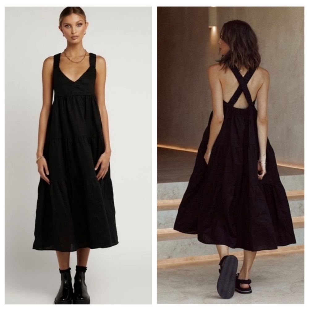 NWT DISSH Amy Linen Midi Dress in Black Size 6(XS/S)